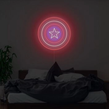 Rundes LED Neonschild mit Stern und geometrischen Kreisen als moderne Wandbeleuchtung für Schlafzimmer oder Wohnräume
