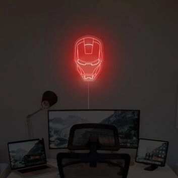 Rotes LED Neonschild im futuristischen Roboterhelm Design als moderne Wanddekoration für Gaming Zimmer Home Office oder Technik Fans
