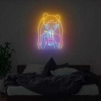 Anime Stil Mädchen LED Neonschild Kreative Wandbeleuchtung mit Getränk Motiv für Schlafzimmer Studio und Jugendzimmer