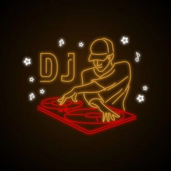 Dekoratives LED Neonschild mit DJ Figur und Turntable Motiv für Club Party und moderne Raumgestaltung