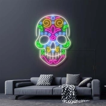 Farbenfrohes LED Neonschild Sugar Skull als dekoratives Wandmotiv für Wohnzimmer, Studio, Bar oder kreative Räume