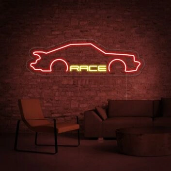 Rotes Rennwagen Auto LED Neonschild mit Schriftzug RACE als moderne Wanddekoration für Garage oder Hobbyraum
