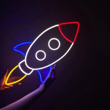 Modernes Raketen LED Neonschild als stilvolle Wanddekoration mit klarem Design für Wohnzimmer Lounge Studio und kreative Raumbeleuchtung