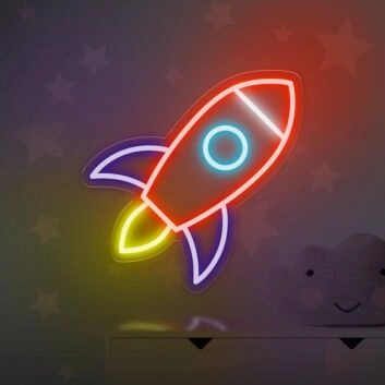 Buntes Raketen LED Neonschild im freundlichen Space Design als leuchtende Wanddekoration für Kinderzimmer und Jugendzimmer