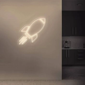 Raketen LED Neonschild in Warmweiß im minimalistischen Design als stilvolle Wanddekoration für moderne Wohnräume und Kinderzimmer