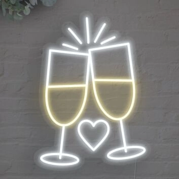 Sektgläser mit Herz LED-Neonschild für Hochzeit Bar