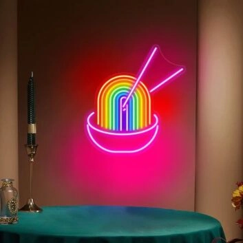 Ramen LED Neonschild mit Regenbogen Motiv im farbenfrohen Design als leuchtende Wanddekoration für Küche Café und Jugendzimmer