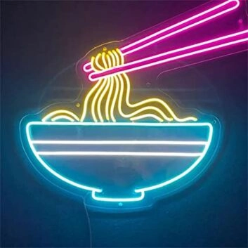 Ramen LED Neonschild mit Schüssel Nudeln und Stäbchen im minimalistischen Design als leuchtende Wanddekoration für Küche Café und moderne Wohnräume