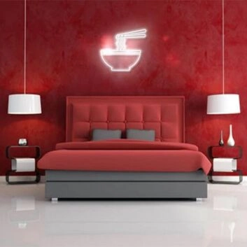 Minimalistisches Ramen LED Neonschild mit Schüssel und Stäbchen Motiv als ruhige Wandbeleuchtung für Schlafzimmer Wohnzimmer und modernes Zuhause