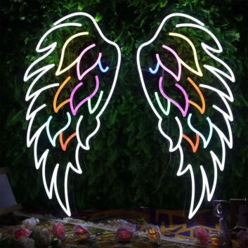 Dekoratives LED Neonschild mit farbigem Engelsflügel Motiv als stilvolle Neon Wandbeleuchtung für moderne Wohn und Kreativräume