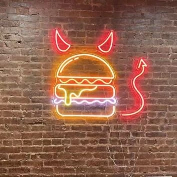 LED Neonschild mit lustigem Burger Motiv und kleiner Teufel Silhouette als farbenfrohe Neon Wanddekoration für Küche Bar und Essbereich