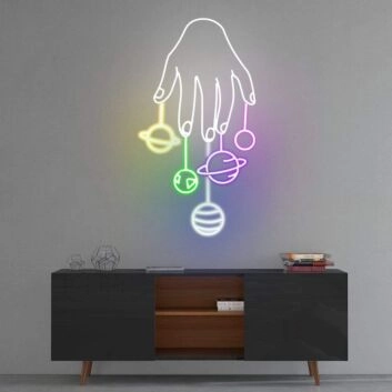 Hand mit schwebenden Planeten Neon LED Neonschild