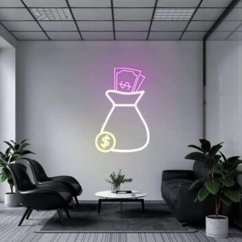 Geldsack mit Banknoten und Münze LED-Neonschild Büro Arbeitszimmer