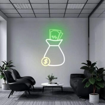 Geldsack mit Banknoten und Münze LED-Neonschild Büro Arbeitszimmer