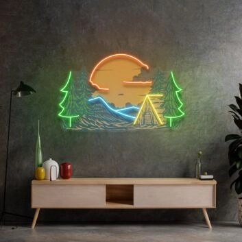 Campingplatz mit Sonnenuntergang und Tannen LED-Neonschild für Wohnzimmer oder Campingplatz