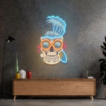 Meereswelle mit Palme und Hibiskusblüte LED-Neonschild für Wohnzimmer oder Bar