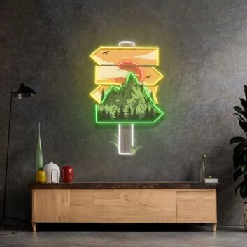 Wegweiser mit Berglandschaft und Sonnenuntergang LED-Neonschild für Wohnzimmer Flur