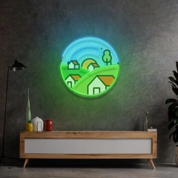 Landschaft mit Häusern und Hügeln LED-Neonschild Wohnzimmer Büro