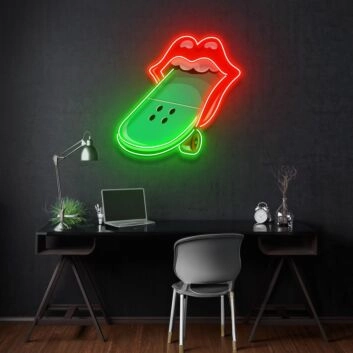 Mund mit herausgestreckter Zunge und Wassermelonenstück LED-Neonschild für Wohnzimmer oder Bar