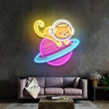 Katze im Astronautenanzug auf Saturn LED-Neonschild Wohnzimmer Kinderzimmer