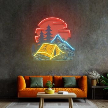 Zelt mit Bergen und Sonnenuntergang LED-Neonschild für Wohnzimmer oder Campingplatz