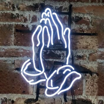 Abstraktes LED Neonschild mit stilisierten Händen als beruhigende Wanddekoration für Massagepraxis Wellnessbereich und moderne Räume