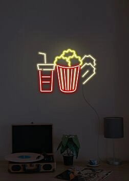 Popcorn Becher mit Getränk und Nachos LED-Neonschild für Kino und Wohnzimmer