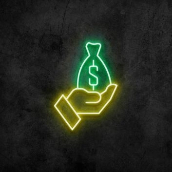 Hand mit Geldsack LED-Neonschild für Büro und Geschäft