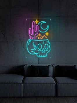Totenkopf mit Kaktus und Mond LED-Neonschild Wohnzimmer Bar