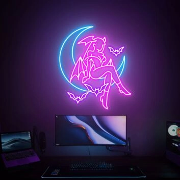 Fledermaus-Dämonin auf Halbmond LED-Neonschild Gaming Zimmer