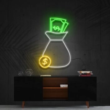 Geldsack mit Münze und Geldscheinen LED-Neonschild für Büro Arbeitszimmer