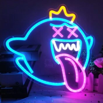 Geisterfigur mit Krone und herausgestreckter Zunge LED-Neonschild Gamingzimmer Bar
