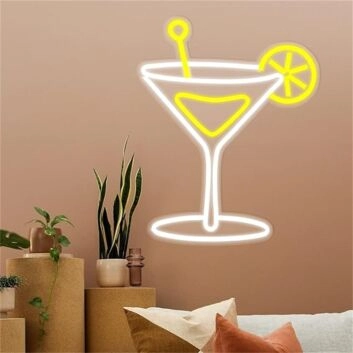 Add a Buzz to Your Bar, Home, or Event Space with the Cocktail Glass Yellow LED Neon Sign.