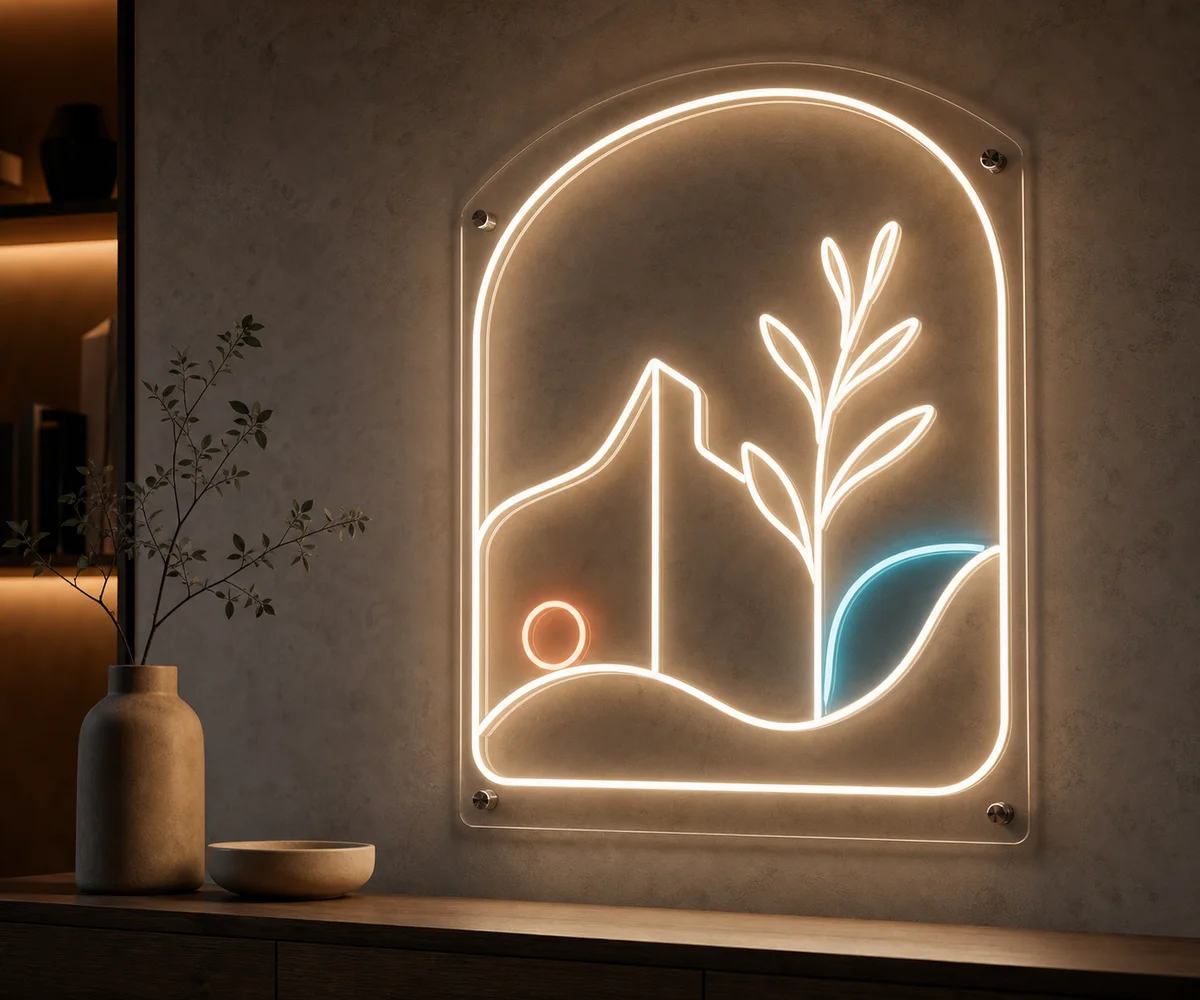 Maßgefertigtes LED-Neonschild mit abstraktem Linienmotiv in einem modernen Innenraum