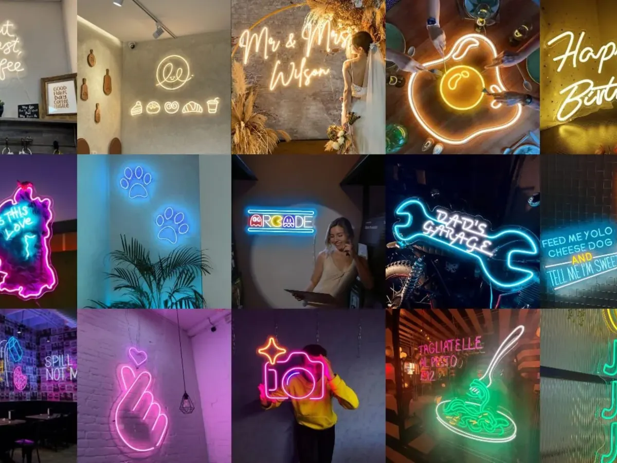 Collage verschiedener montierter LED-Neonschilder in Wohn- und Geschäftsräumen